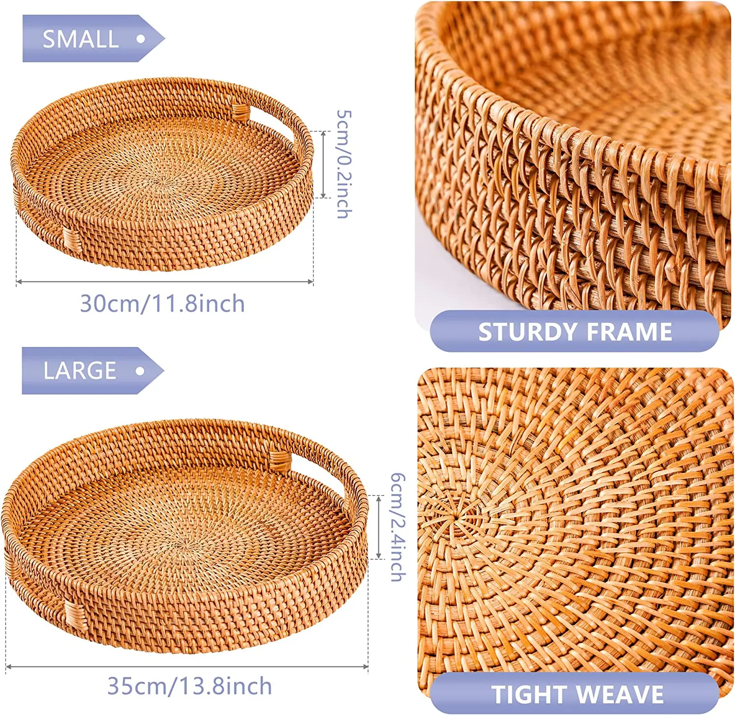 Hot Design Round Rattan Serving Tray Woven Tray With Handle Serving Basket Wicker Fruit Bread