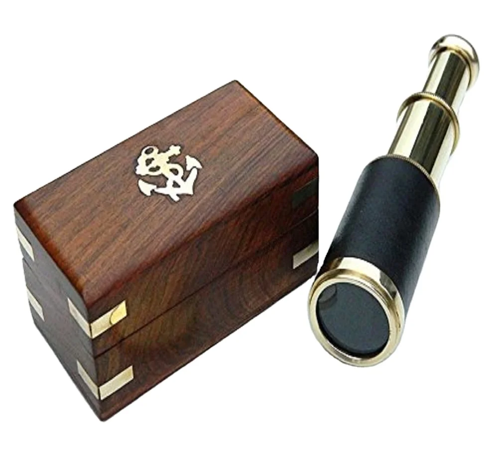 Wholesale Handmade Handheld Nautical Brass Telescope With Wooden Box/unique Gift Toy Telescope