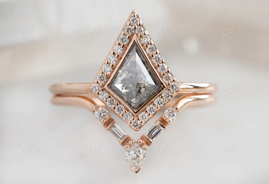 Designer Natural Kite Cut Grey Salt And Pepper Diamond Ring Halo ...