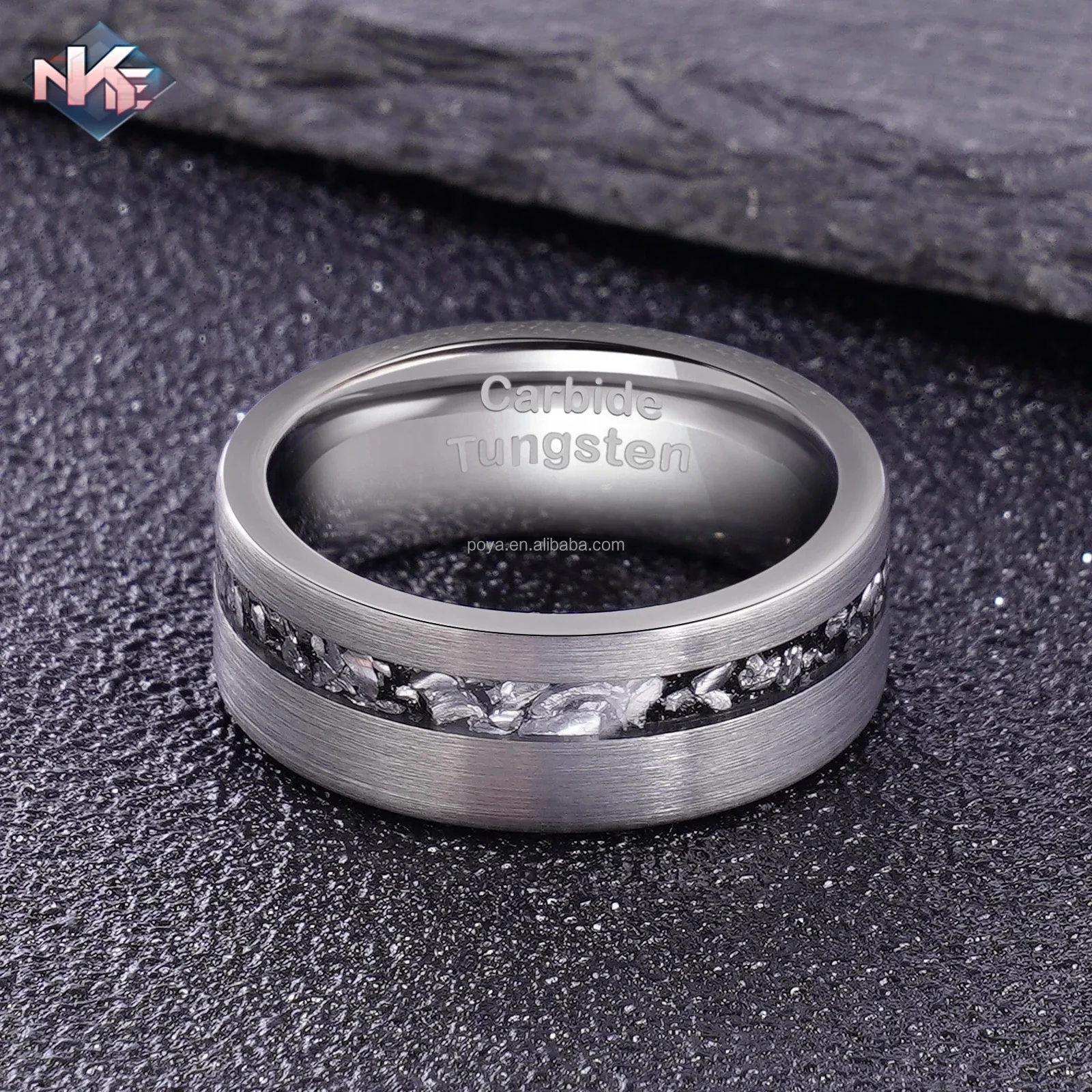 Custom Brushed Silver Meteorite Shaving Tungsten Ring 8mm Mens Wedding