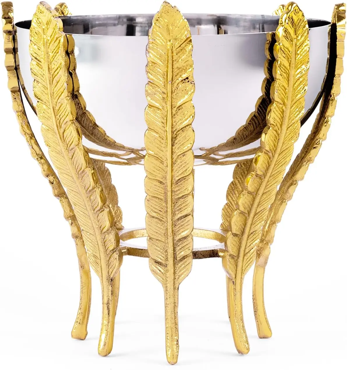 Steel Serving Bowl With Gold Leaf Stand Embossed Patterned Elements Accent Piece For Upscale