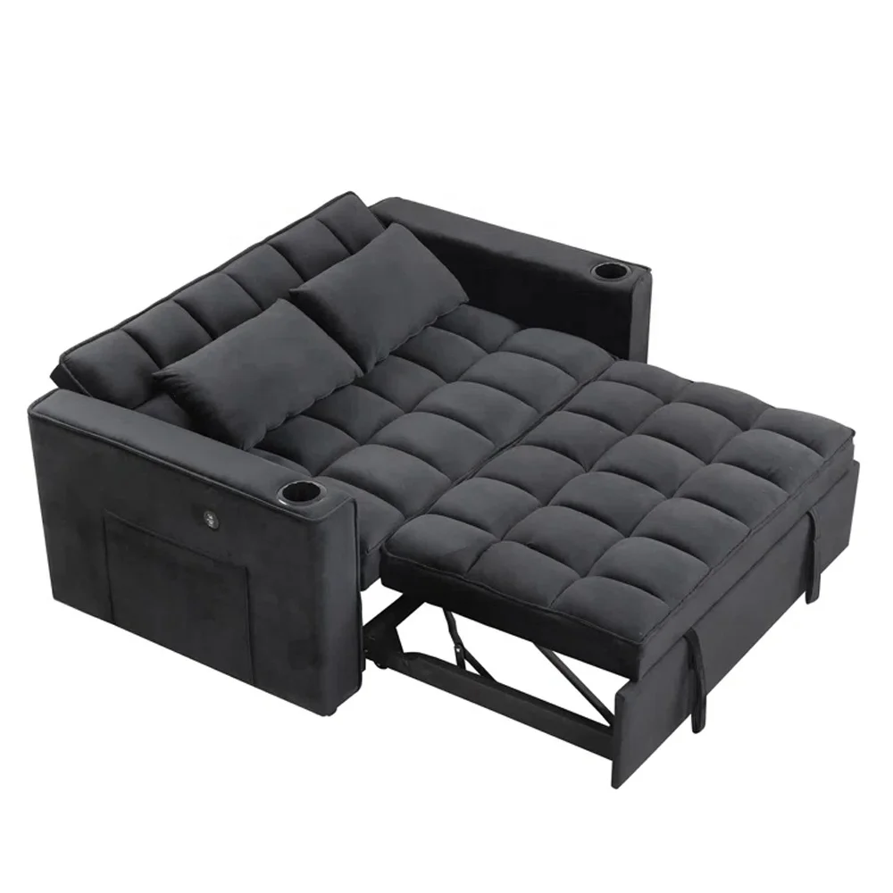 Black Upholstered Sofa Bed Modern Design Sleeper Fabric Extendable For