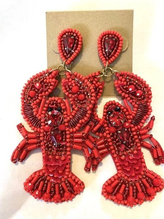 Red Crawfish Earrings Seed Bead Covered Crawfish On Gold Plate Hooks