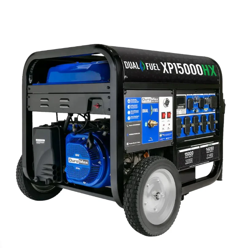 Dual-Fuel 15000W generator with large 100-lb propane tank mounted on dolly