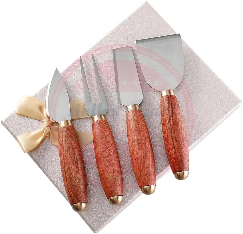 Wooden Handle Damascus Steel 4 Pc Cheese Knives Set Premium Quality