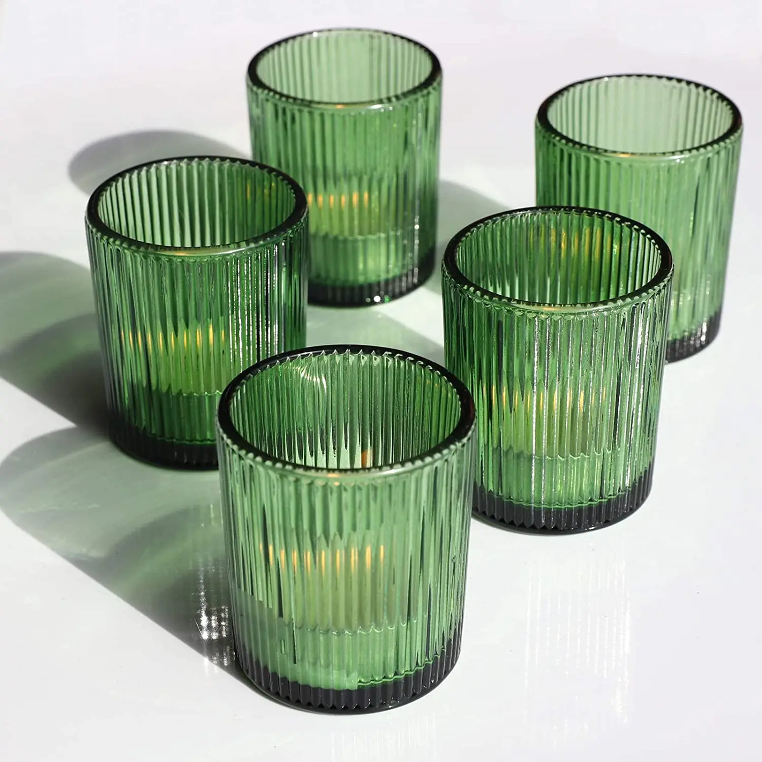 Glass Tealight Candle Holder For Birthday Gift Ribbed Glass Green Votive For Wedding Party Table
