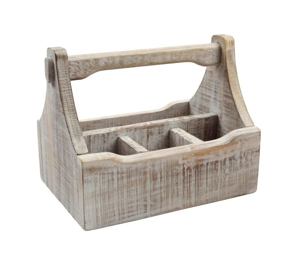 Countertop Vintage White Washed Silverware Caddy With 4 Compartment