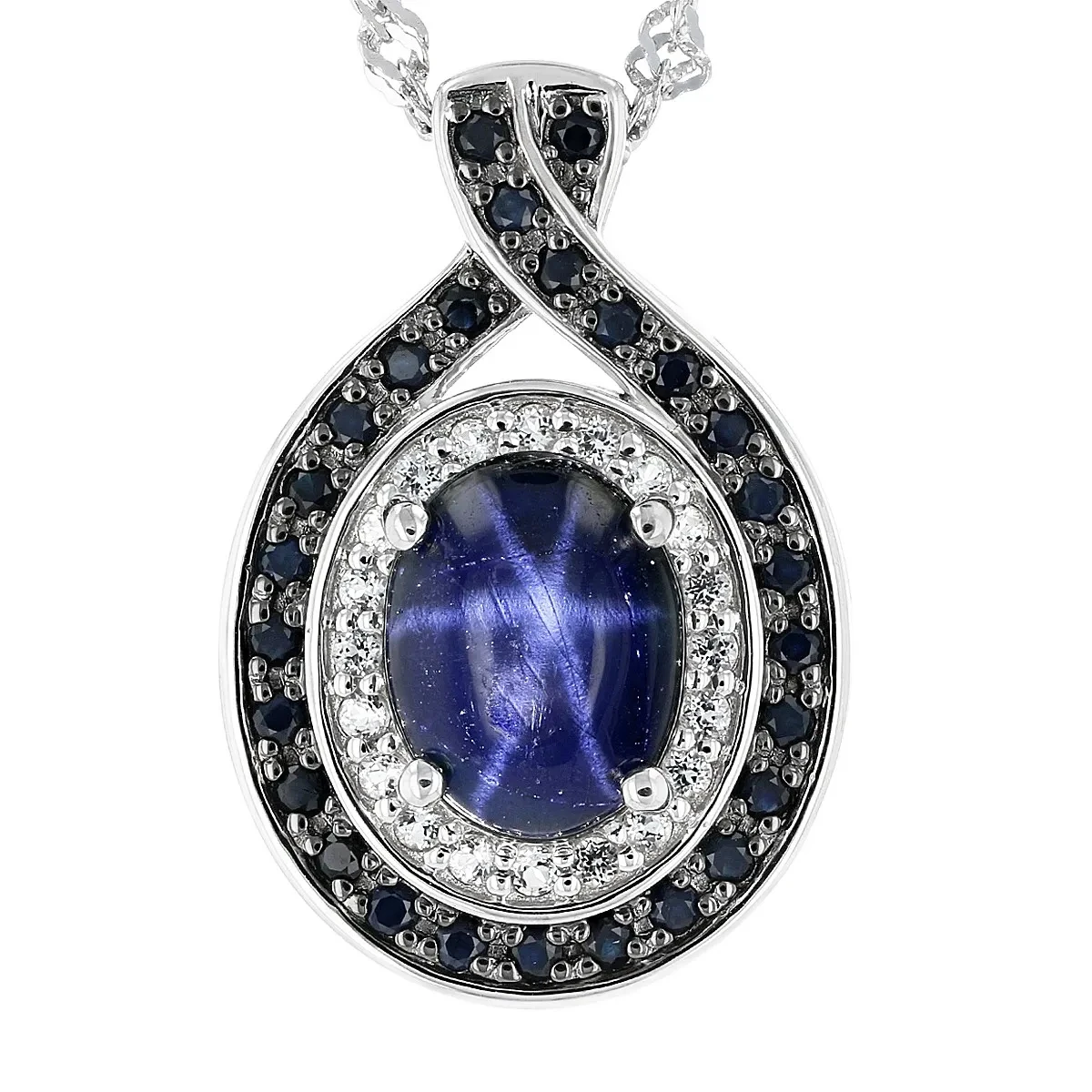 Elegance Blue Star Sapphire Pendant With Chain,Rhodium Over Sterling ...