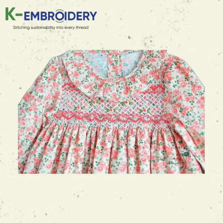 Smocked Children Dress Pink Floral Embroidery Handmade Kids Playsuits