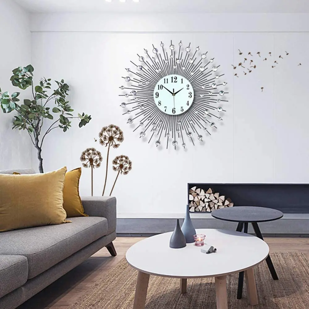 Large Modern Crushed Diamond Round Crystal Wall Clock Sun Shape Design