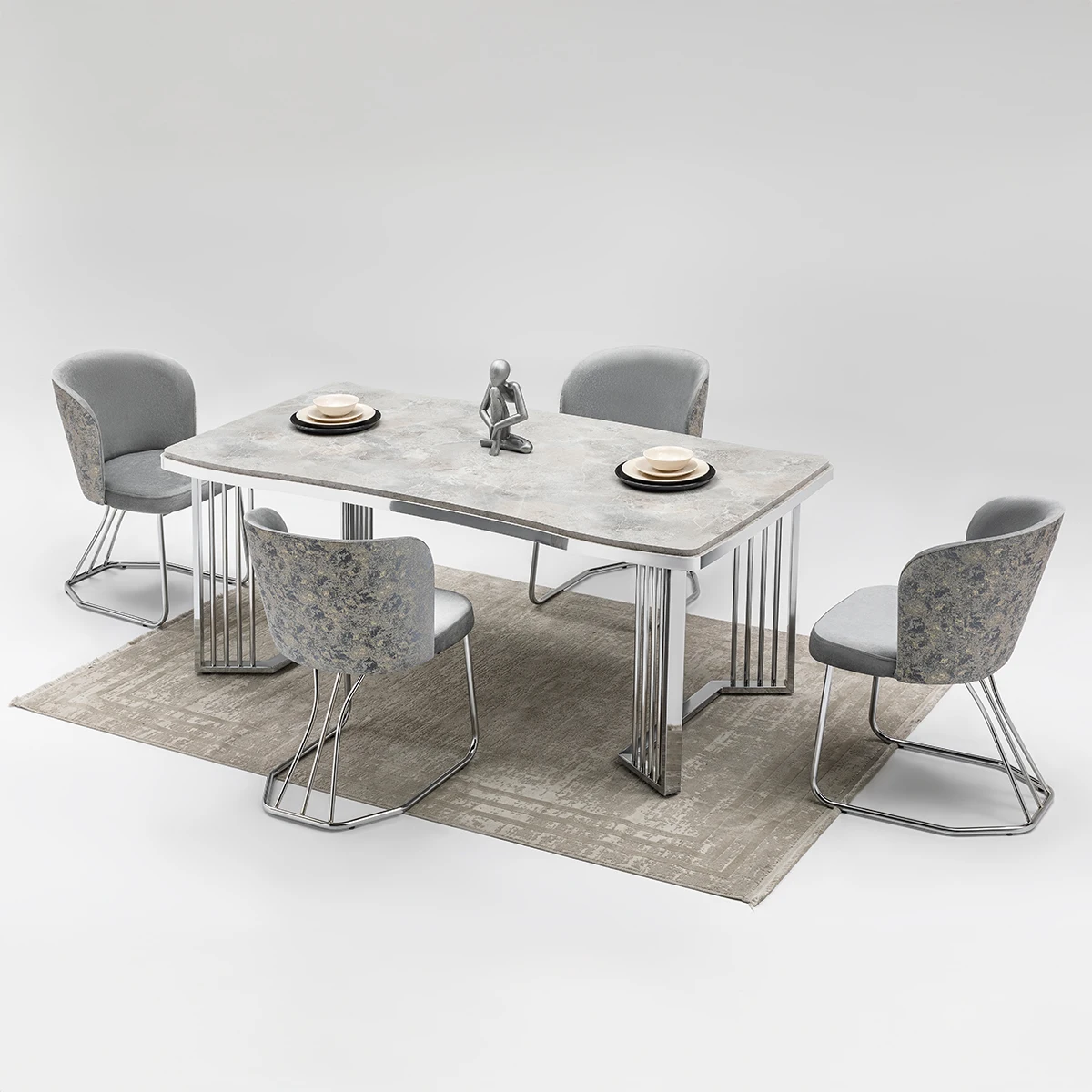 Modern Grey Marble Dining Table Set -- Stylish Chrome Base with Elegant ...