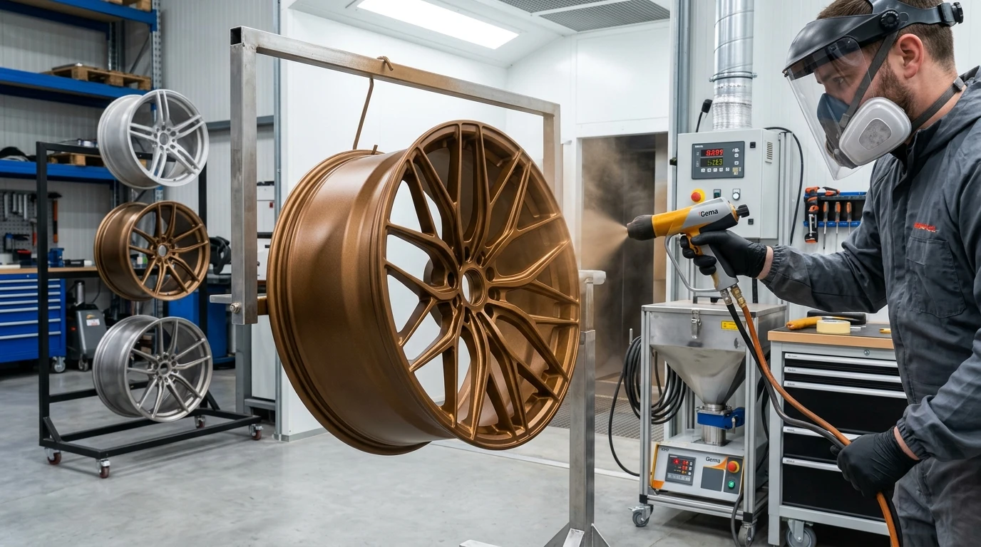 Wheel being powder coated