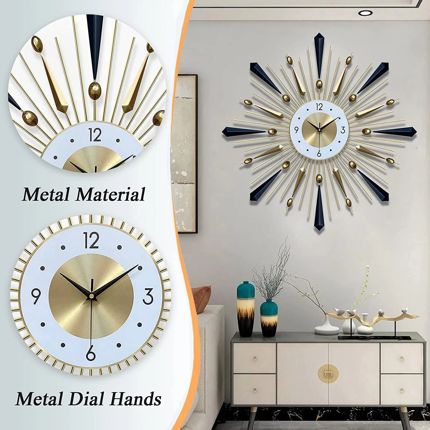 Decorative Clock 28in Mid Century Modern Clock Big Silent Metal Wall ...