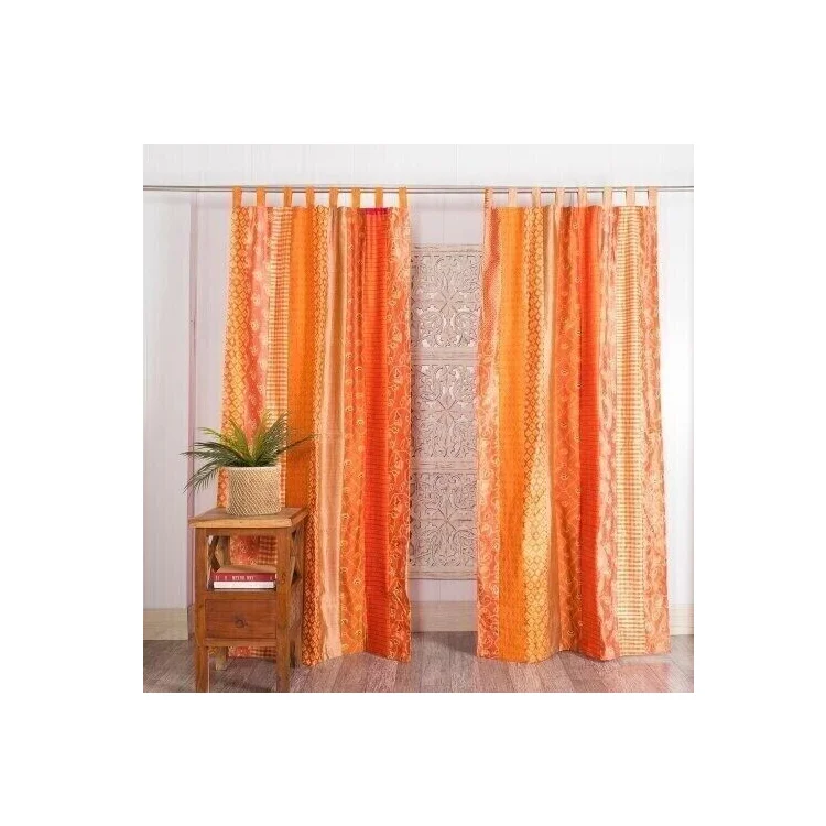 Newly Designed Vintage Silk Sari Patchwork Orange Color Curtain Drape For Window Decoration Uses