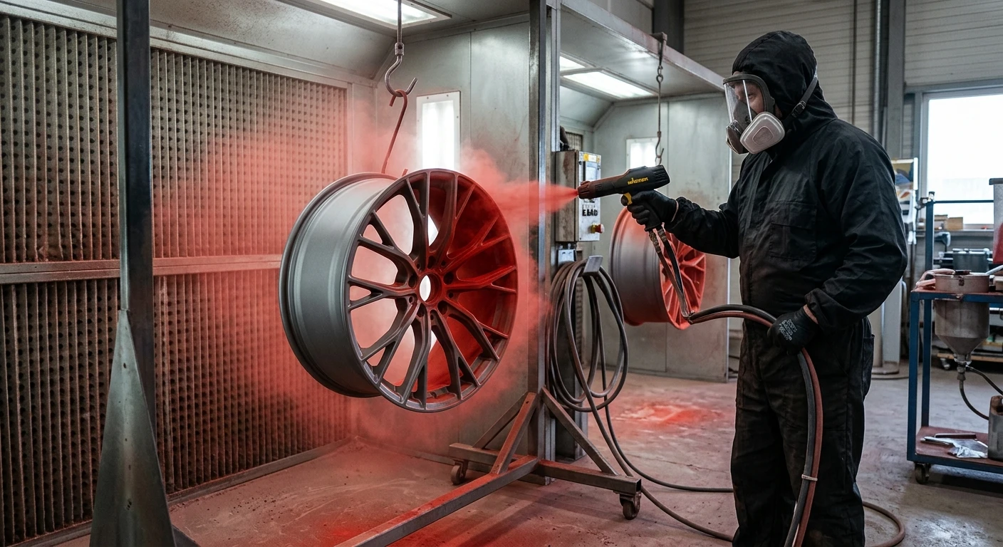 Technician powder coating an alloy wheel