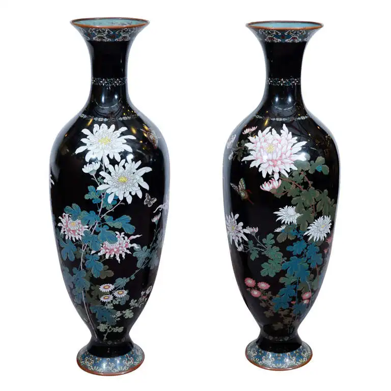 垂直装饰经典风格金属花瓶套装2个现代设计铝黑色珐琅印花花瓶最低价格