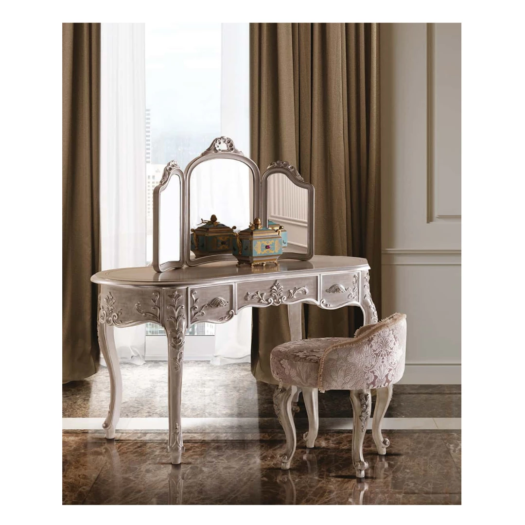 Pricilla Italian Style Classic Wooden Dressing Table Set With Carvings
