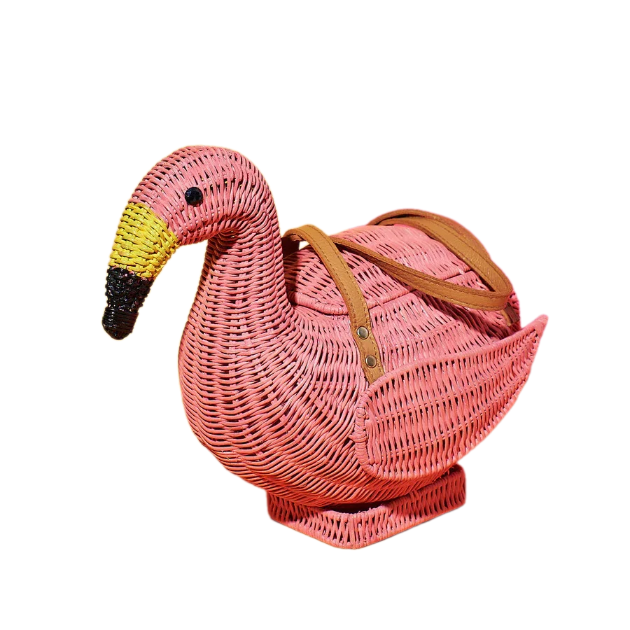 Hot Trend Rattan Pink Flamingo Handbag For Women Rattan Animal Shaped
