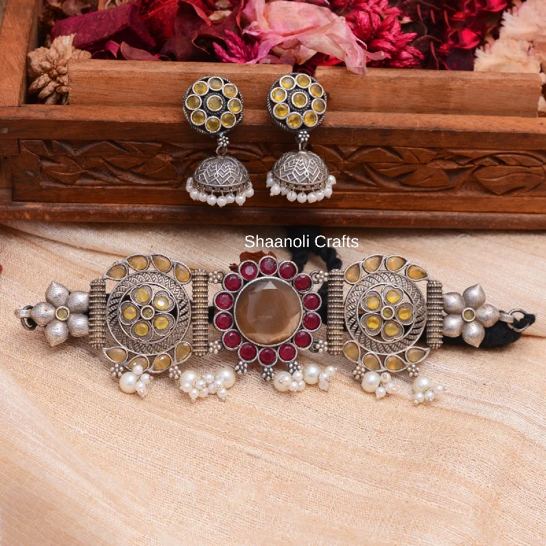 Indian Choker Necklace Set With Jhumka Earrings Oxidized Silver Finishing Wedding Jewelry Buy