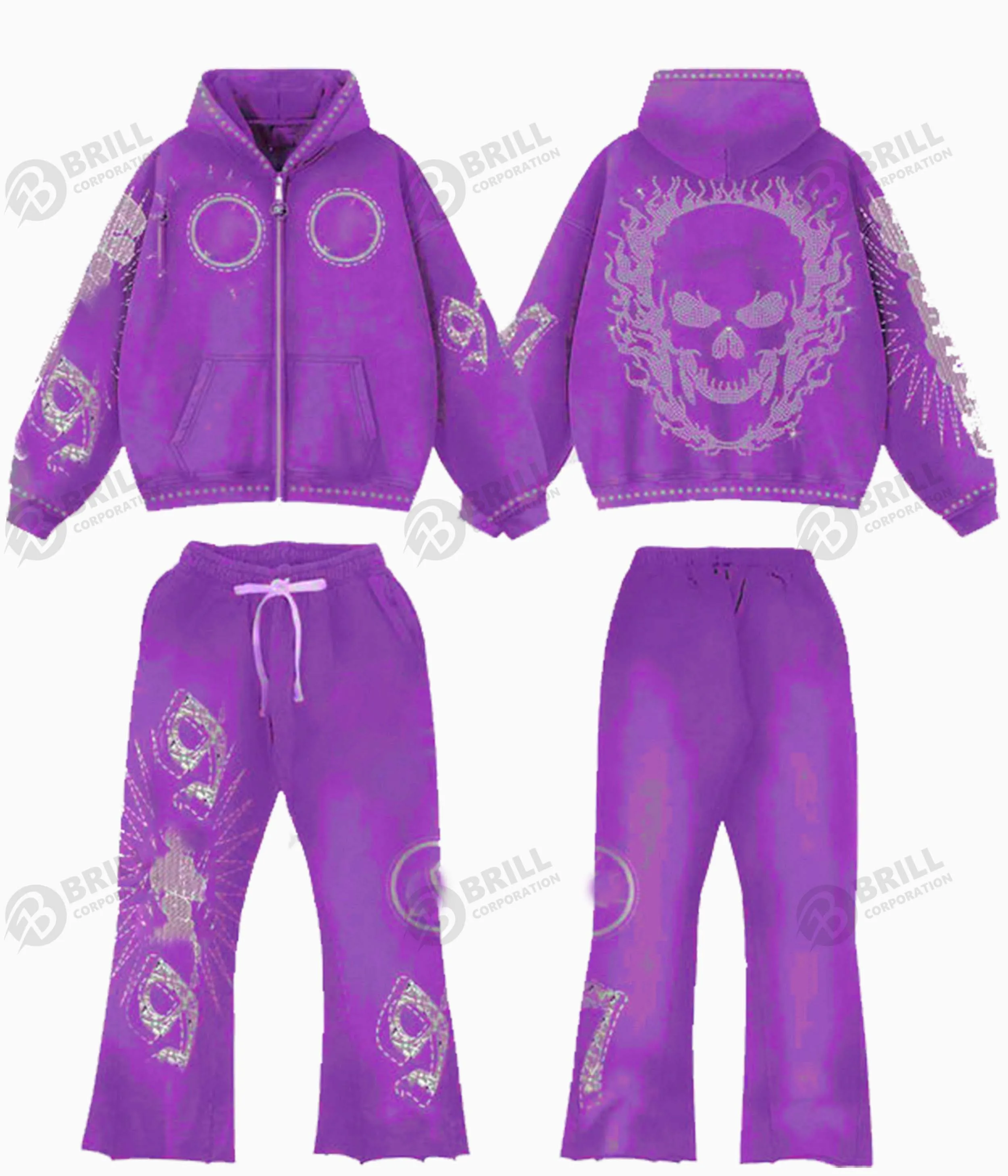 Men Rhinestone Track Suits Men 2024 Streetwear Rhinestone Acid Wash Sweatsuit Cotton Flare ...