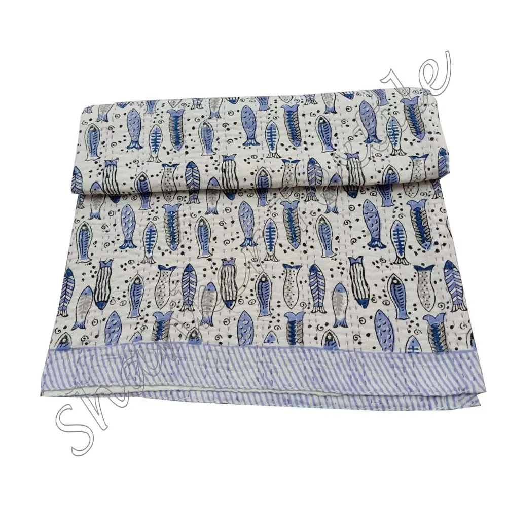 Handmade Mughal Printed Queen Size Bedspread Kantha Quilt Reversible Mughal Kantha Throw Buy