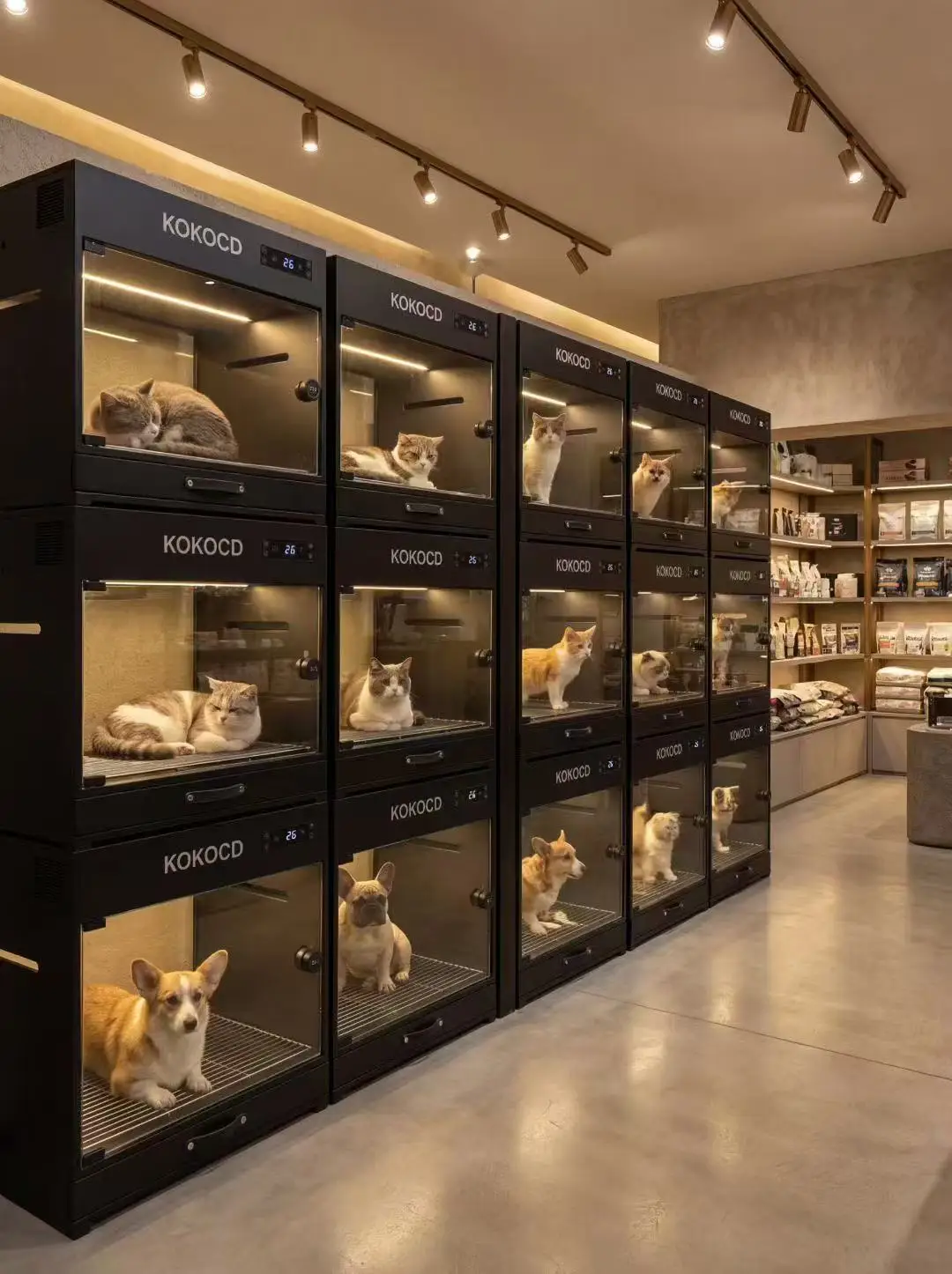 KOKOCD K01-B units installed in a professional pet boarding facility with multiple climate-controlled enclosures