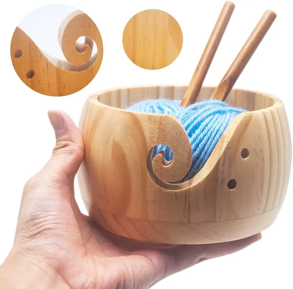 Wooden Yarn Bowl With 12 Pcs Bamboo Handle Crochet Hook,Wool Storage