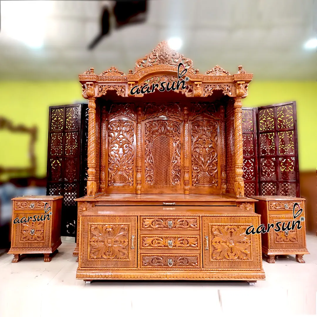 Aarsun Amazing Carved Wooden Teak Temple With Two Side Table With Teak