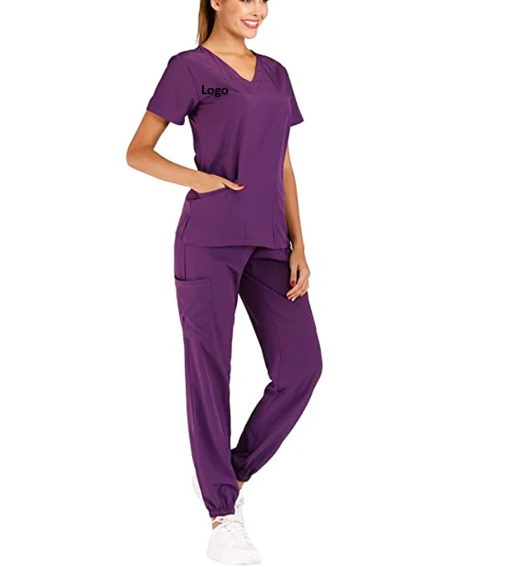 Womens Solid Stretch Medical Uniform Scrub Set V Neck Top Cargo Tapered