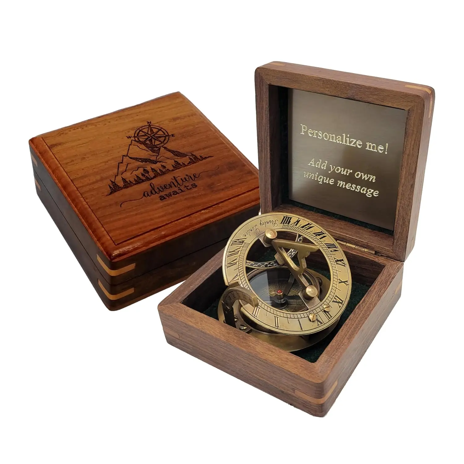 Calvin Handicrafts Engraved Brass Pocket Sundial Compass With Leather Case Personalized Sundial