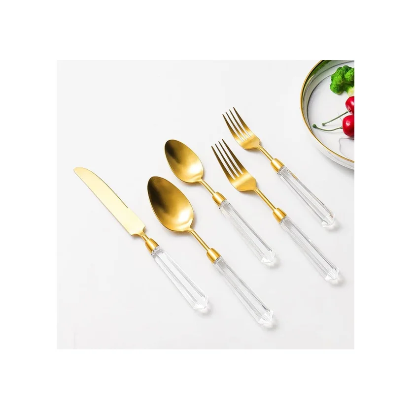 Acrylic Handle Stylish Brass Spoon Flatware Set Kitchen & Tabletop