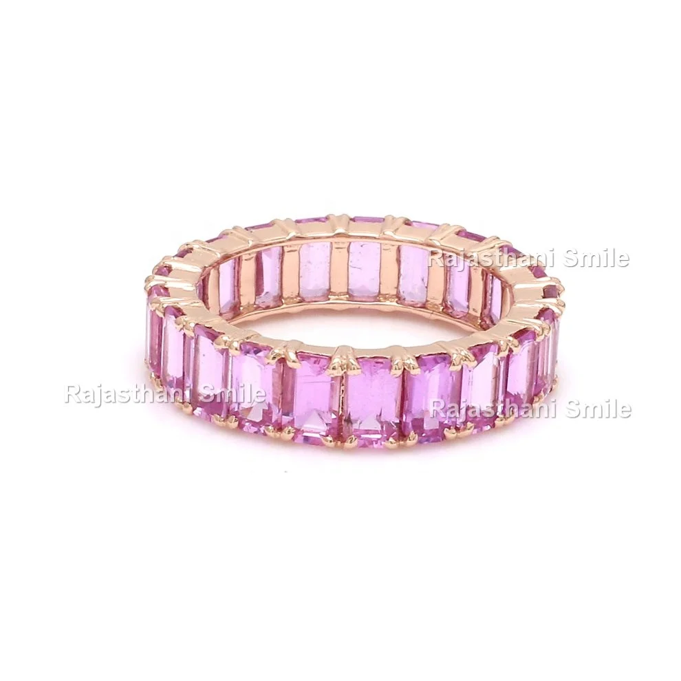 Natural Pink Sapphire 14k Solid Rose Gold Emerald Cut Gemstone Eternity ...