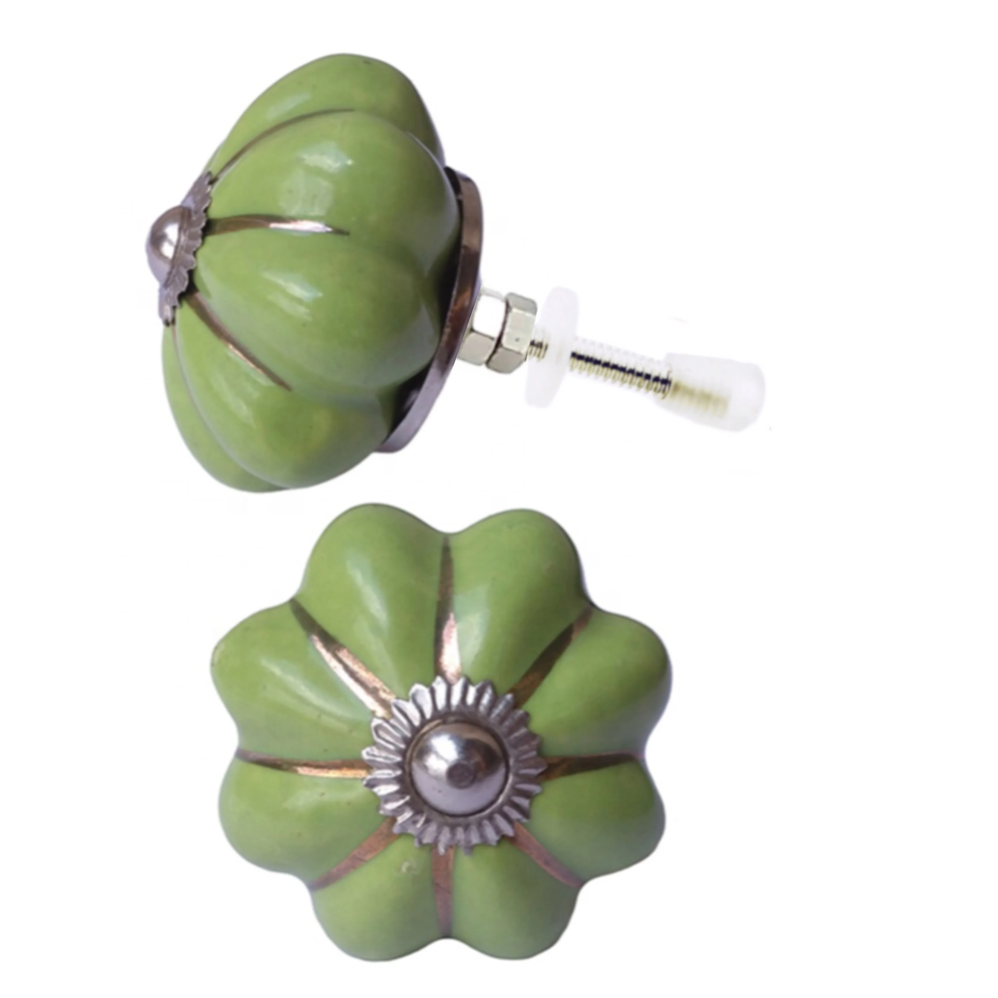 Green Melon Silver Line Ceramic Knobs Drawer Door Handle & Pull