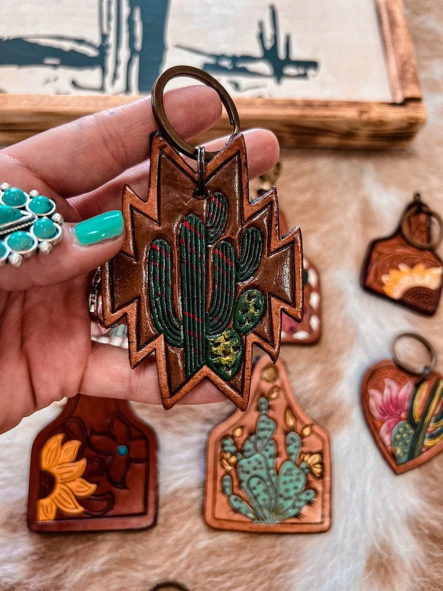Beautiful Hand Tooled Leather Keychain With Cowgirl Wild West Patterns