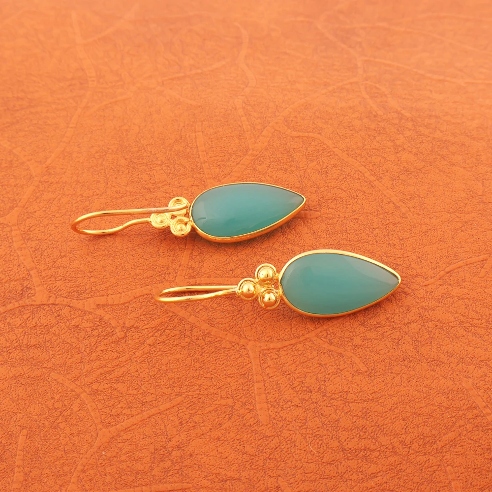 Latest Design Pear Shape Aqua Chalcedony Small Three Gold Beaded Design Hook Earring Brass Gold