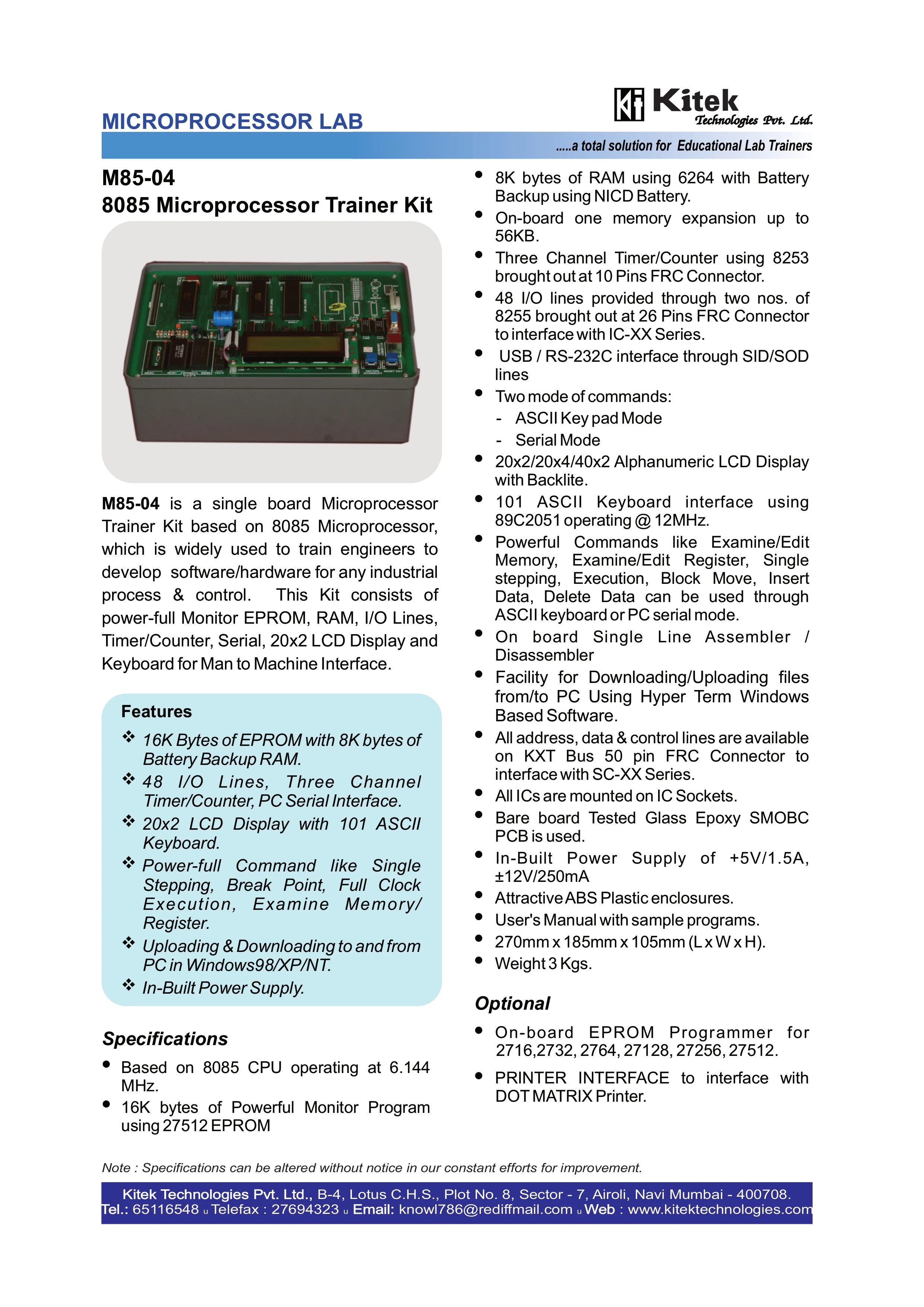 8085 Microprocessor Training Kit - Metal Trainer Board