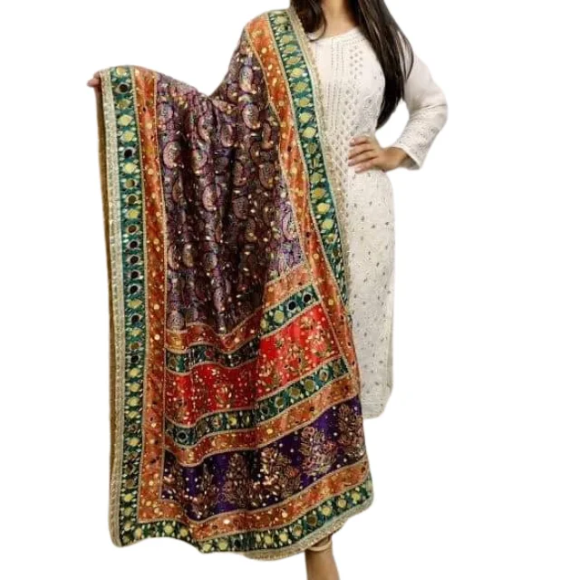 New Style Pakistani Block Print Mirror Work Silk Phulkari Fancy Dupptta ...