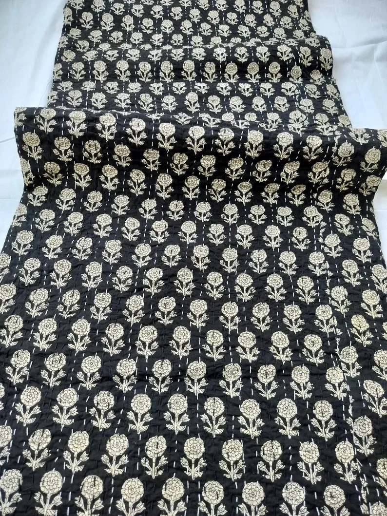 Black Color Indian Kantha Quilt Reversible Throw Hand Block Print