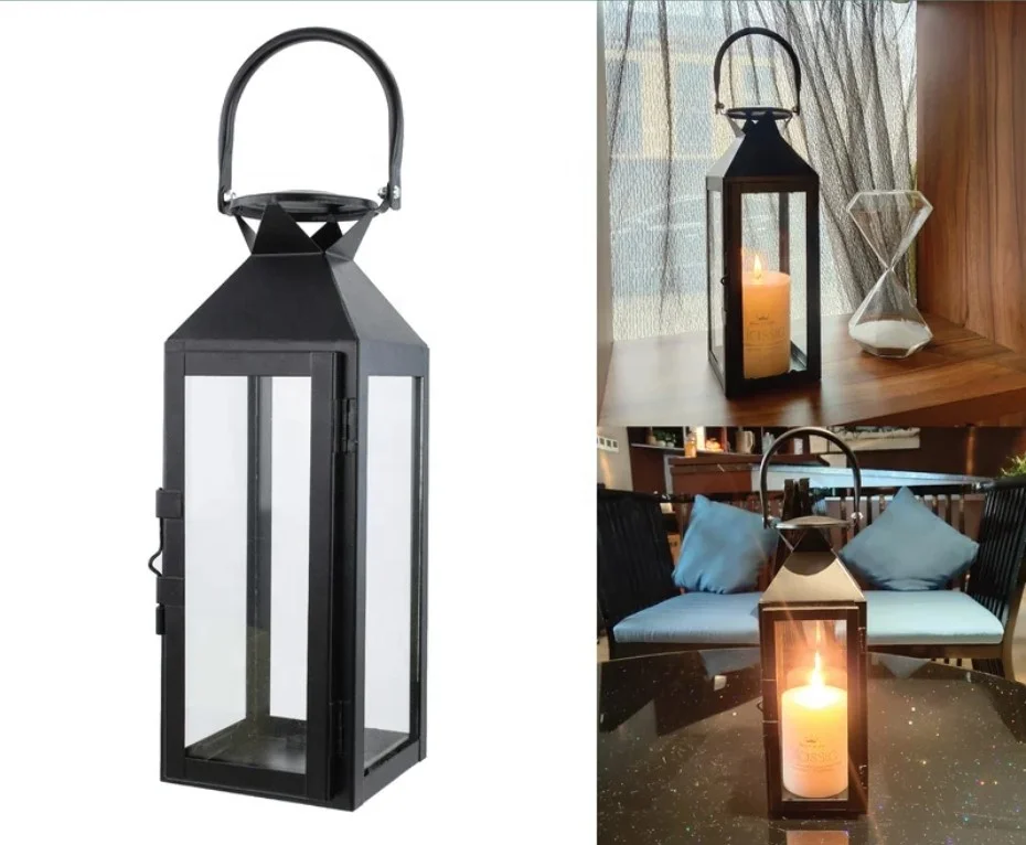 Modern Design Black Metal And Glass Candle Lantern For Christmas Decor Wedding And Home