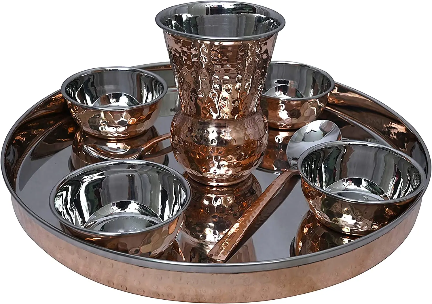 Indian Thali Set Pack Of 7 Hammered Classic Copper Steel Thali