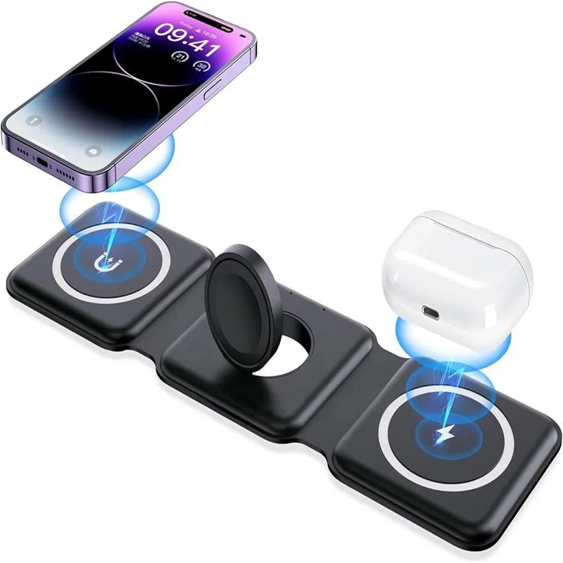 3-in-1 magnetic wireless charging station supporting phone, watch, and earbuds simultaneously