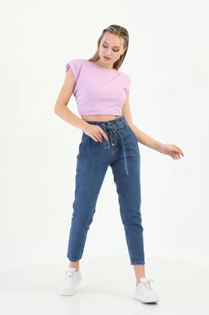 2023 New Model Women Blue Color Cotton Slim Fit Belted Jeans Wholesale ...