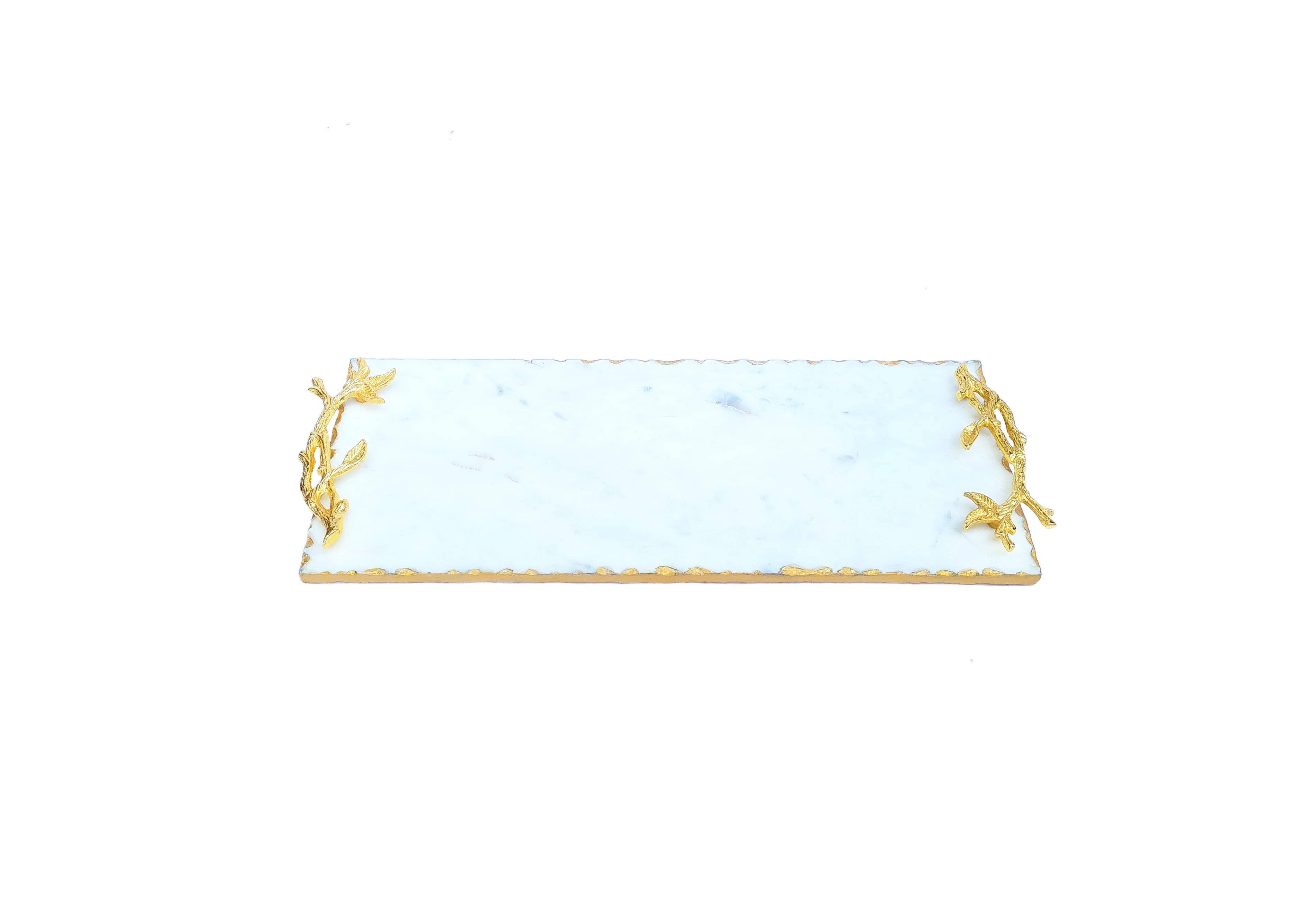 Luxurious White Marble Tray With Hammered Gold Edges With Metal Gold