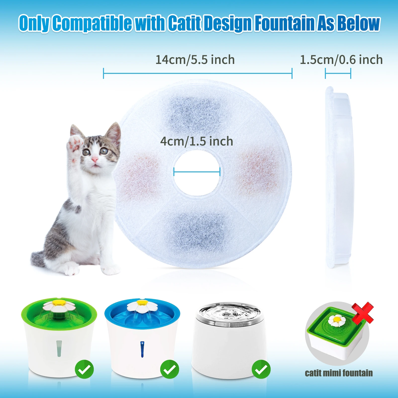 6 Pack Cat Water Fountain Filter For Catit,Triple Action Pet Water