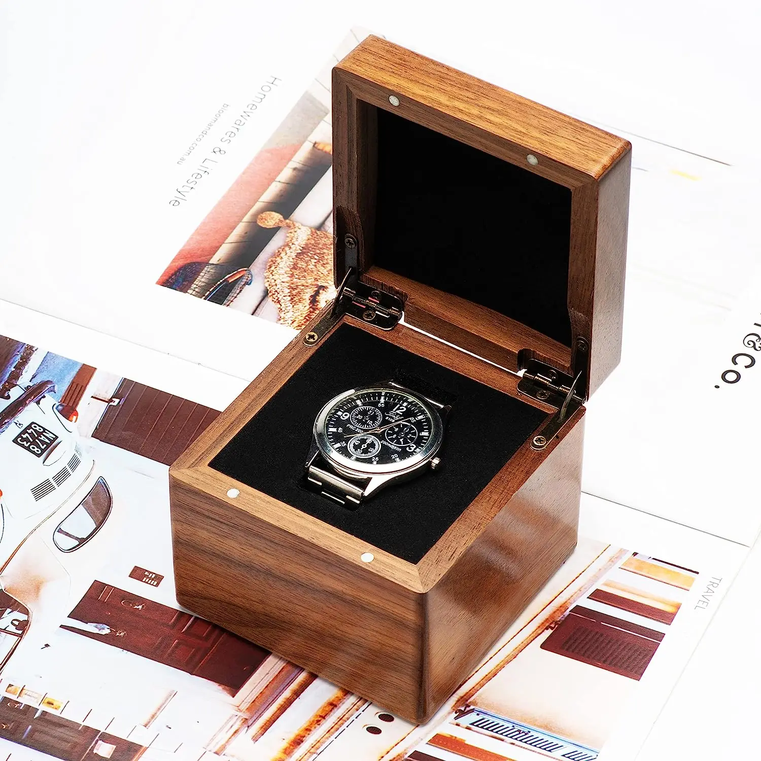Single Walnut Wooden Watch Gift Box Watch Storage Travel Case Organizer