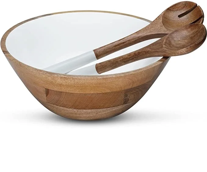 Customizable White Enamel Hand Crafted Mango Wood Dining Bowl With ...