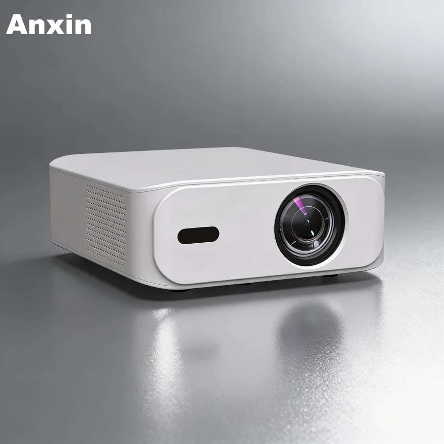 Bluetooth mini data show projector mounted on adjustable stand beside notebook and stylus
