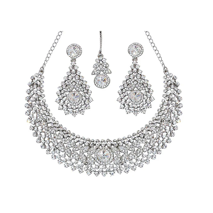 Glamour Scintillating White Round And Rivoli Shape Rhinestone Grand Bridal Designer Jewelry Hasli Necklace Set
