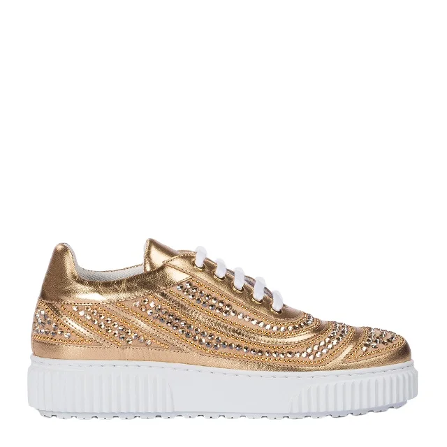 Casual Shoes Made In Italy In Goldtone Laminated Nappa And Embellished With Crystals For