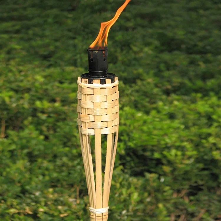 Nature Garden Bamboo Torch With Weaving Black Metal Tank Outdoor Tiki